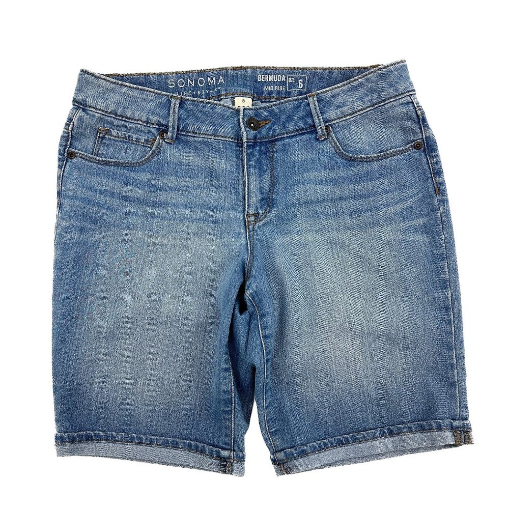 Sonoma Mid‎ Rise Bermuda Cuffed Women's size 6 Medium Blue Denim Jean Shorts